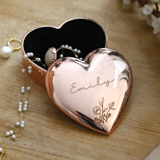 Personalised Floral Rose Gold Heart Trinket Box - MK&JD Gifts