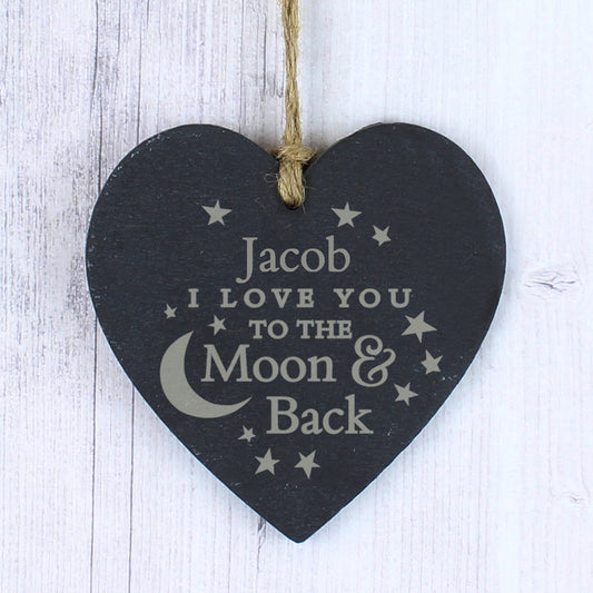 Personalised Engraved Moon and Back Slate Heart Decoration - MK&JD Gifts