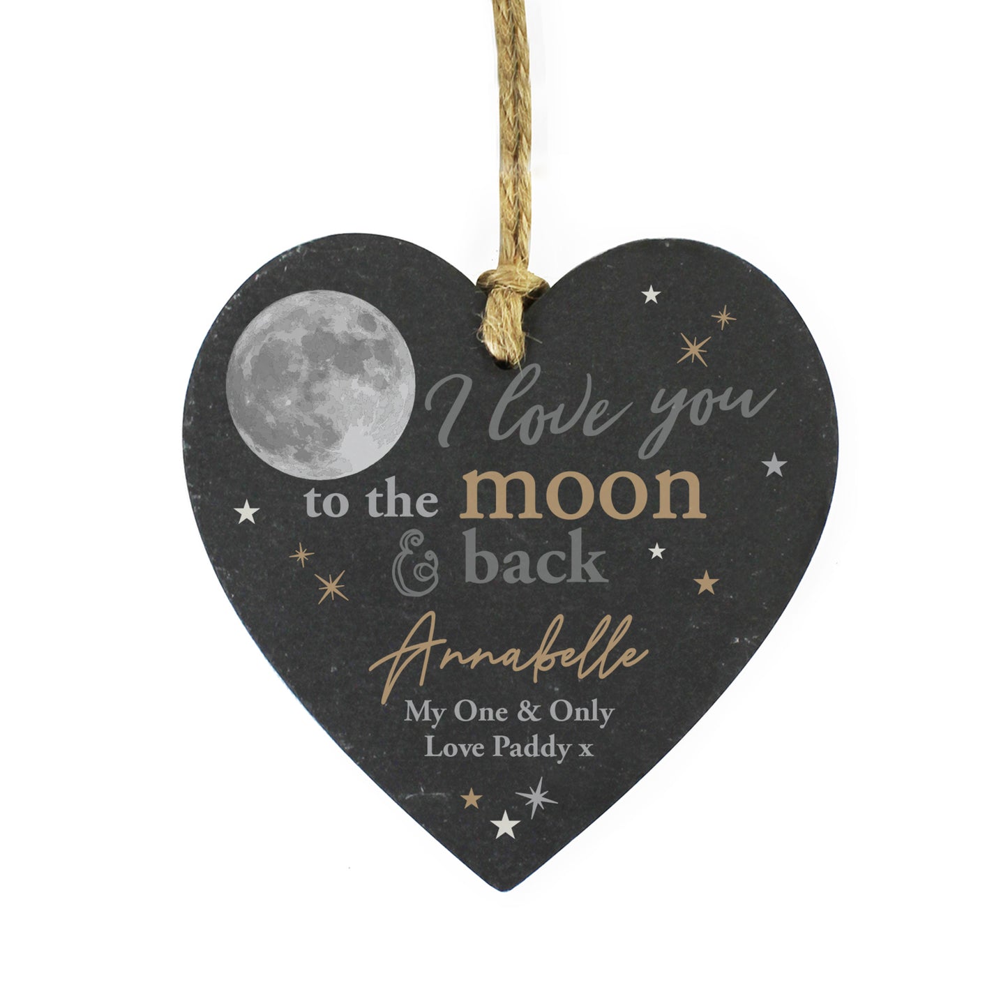 Personalised Moon and Back Slate Heart Decoration - MK&JD Gifts