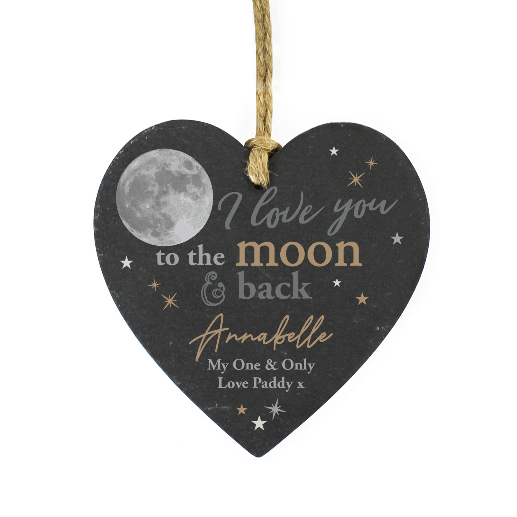 Personalised Moon and Back Slate Heart Decoration - MK&JD Gifts