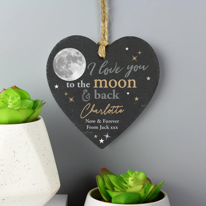 Personalised Moon and Back Slate Heart Decoration - MK&JD Gifts