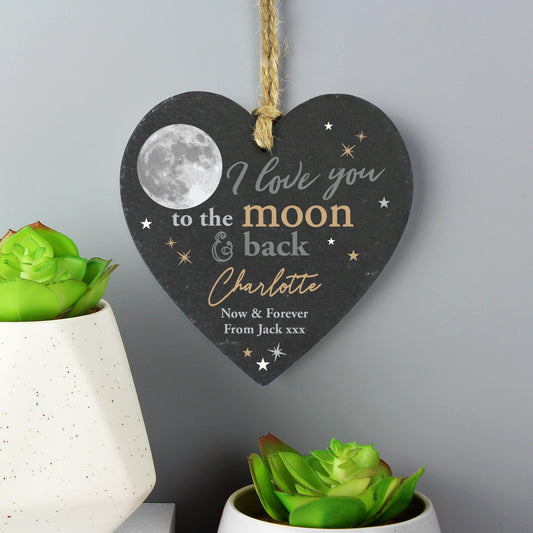 Personalised Moon and Back Slate Heart Decoration - MK&JD Gifts
