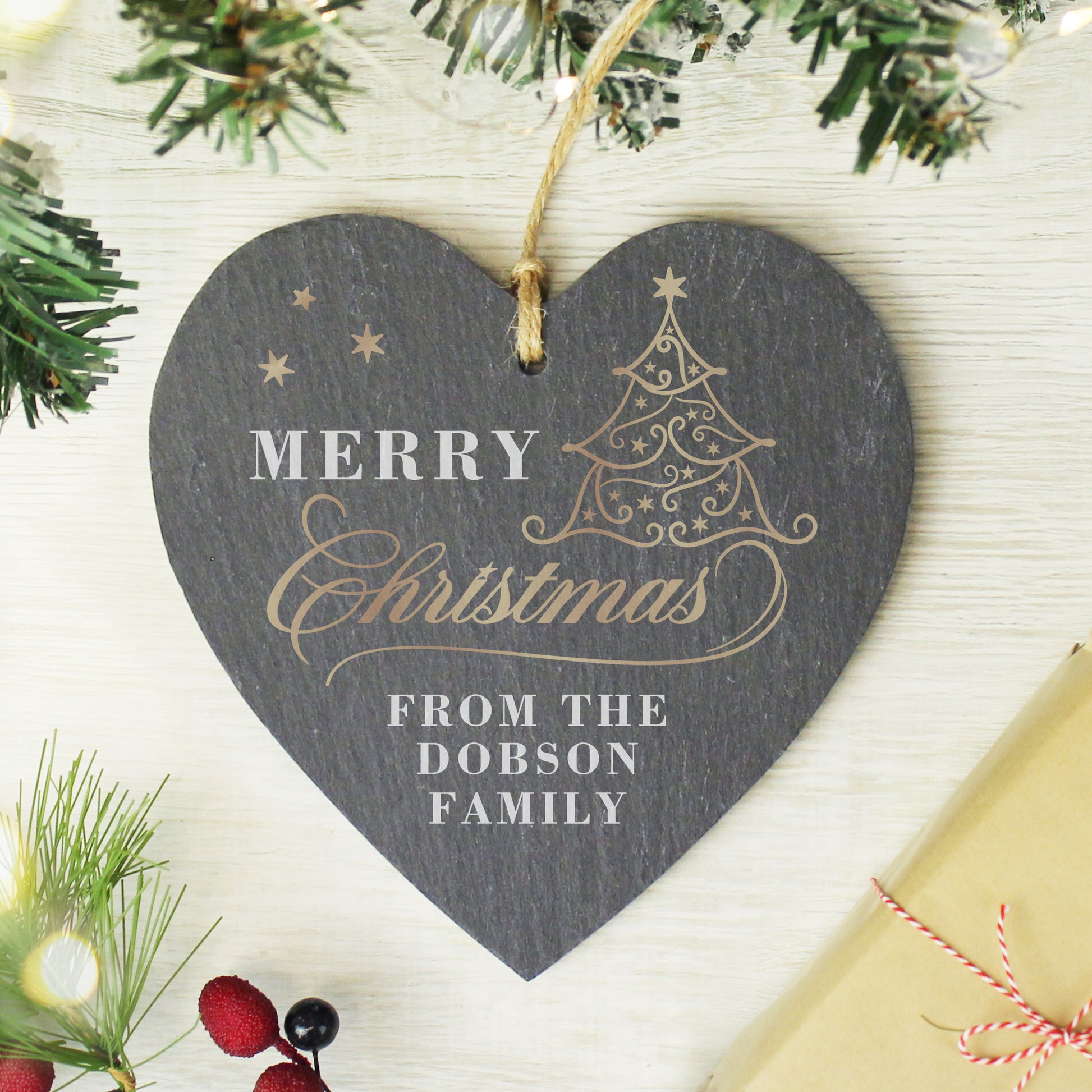 Personalised Gold Christmas Slate Heart Ornament - MK&JD Gifts