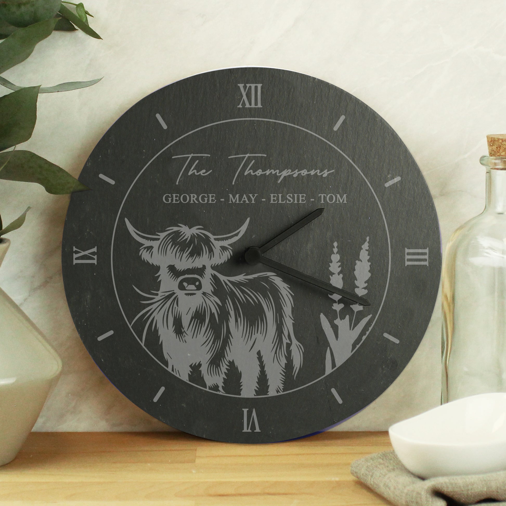 Personalised Highland Cow Slate Clock - MK&JD Gifts