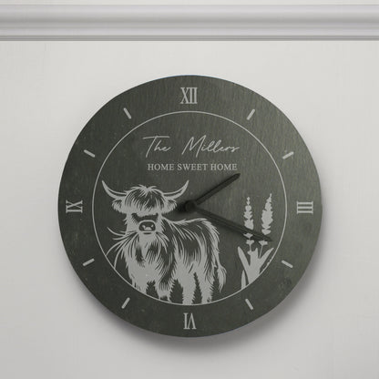 Personalised Highland Cow Slate Clock - MK&JD Gifts