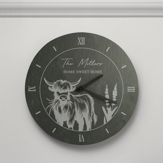 Personalised Highland Cow Slate Clock - MK&JD Gifts