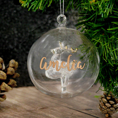 Personalised Gold Glitter Name Only Reindeer Glass Bauble - MK&JD Gifts