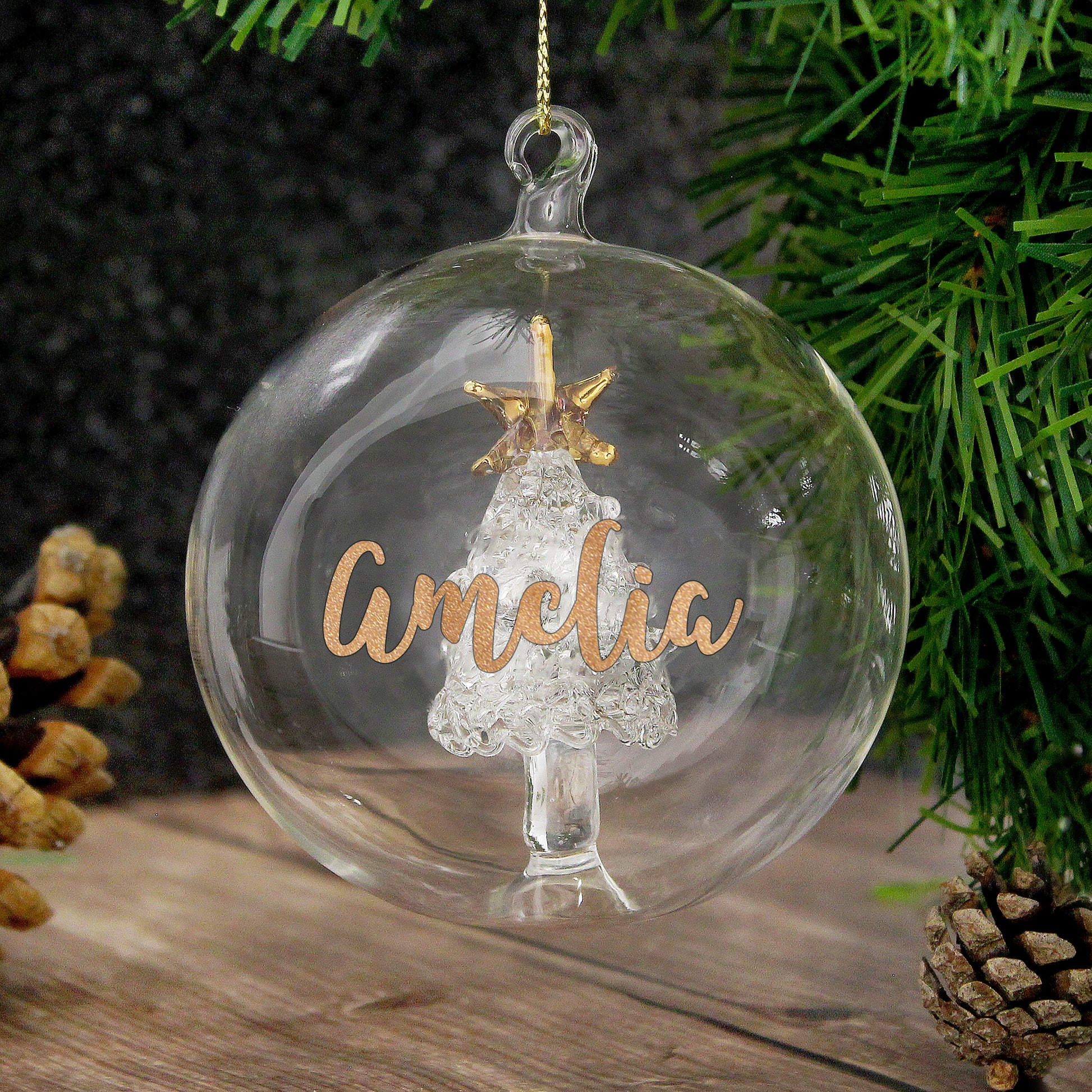 Personalised Gold Glitter Name Only Tree Glass Bauble - MK&JD Gifts