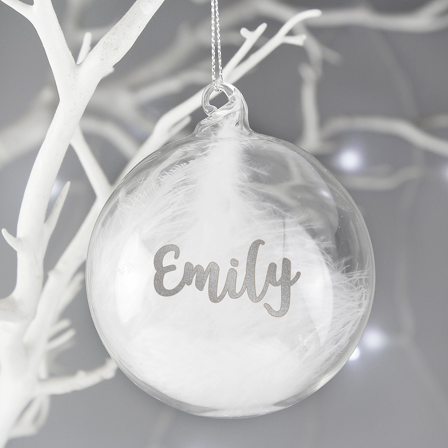 Personalised Silver Glitter Name Only Feather Glass Bauble - MK&JD Gifts