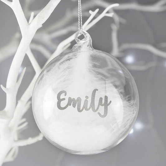 Personalised Silver Glitter Name Only Feather Glass Bauble - MK&JD Gifts