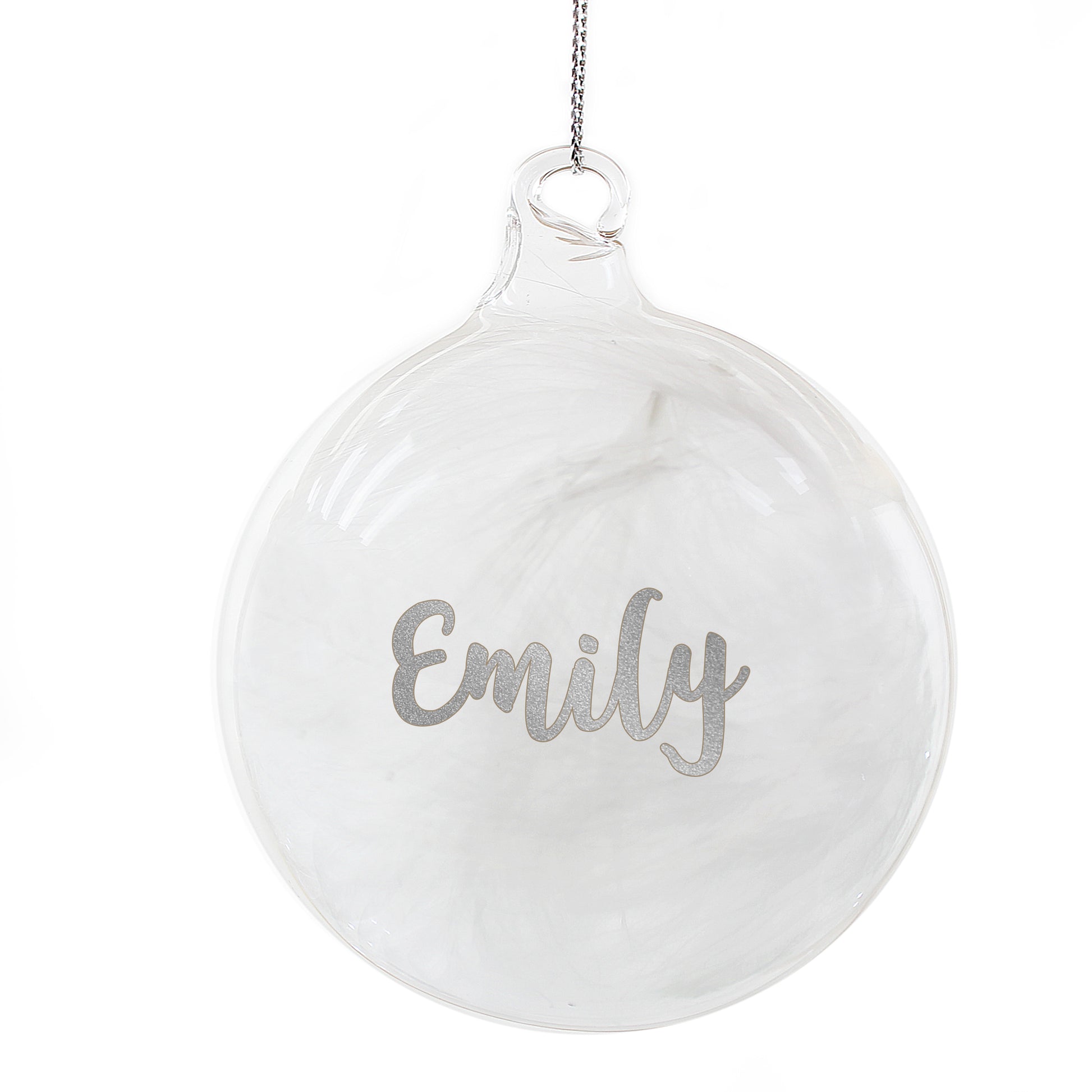Personalised Silver Glitter Name Only Feather Glass Bauble - MK&JD Gifts