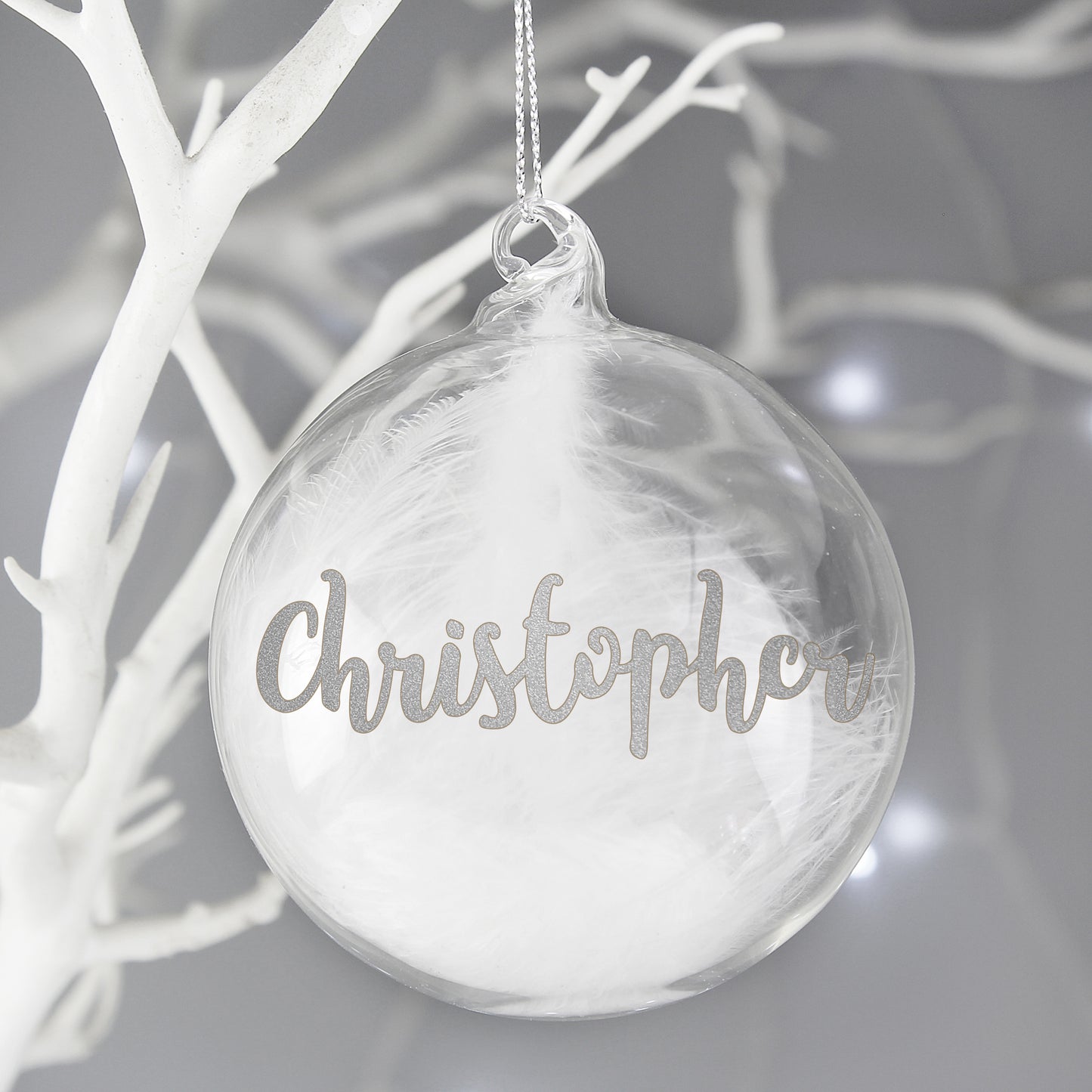 Personalised Silver Glitter Name Only Feather Glass Bauble - MK&JD Gifts