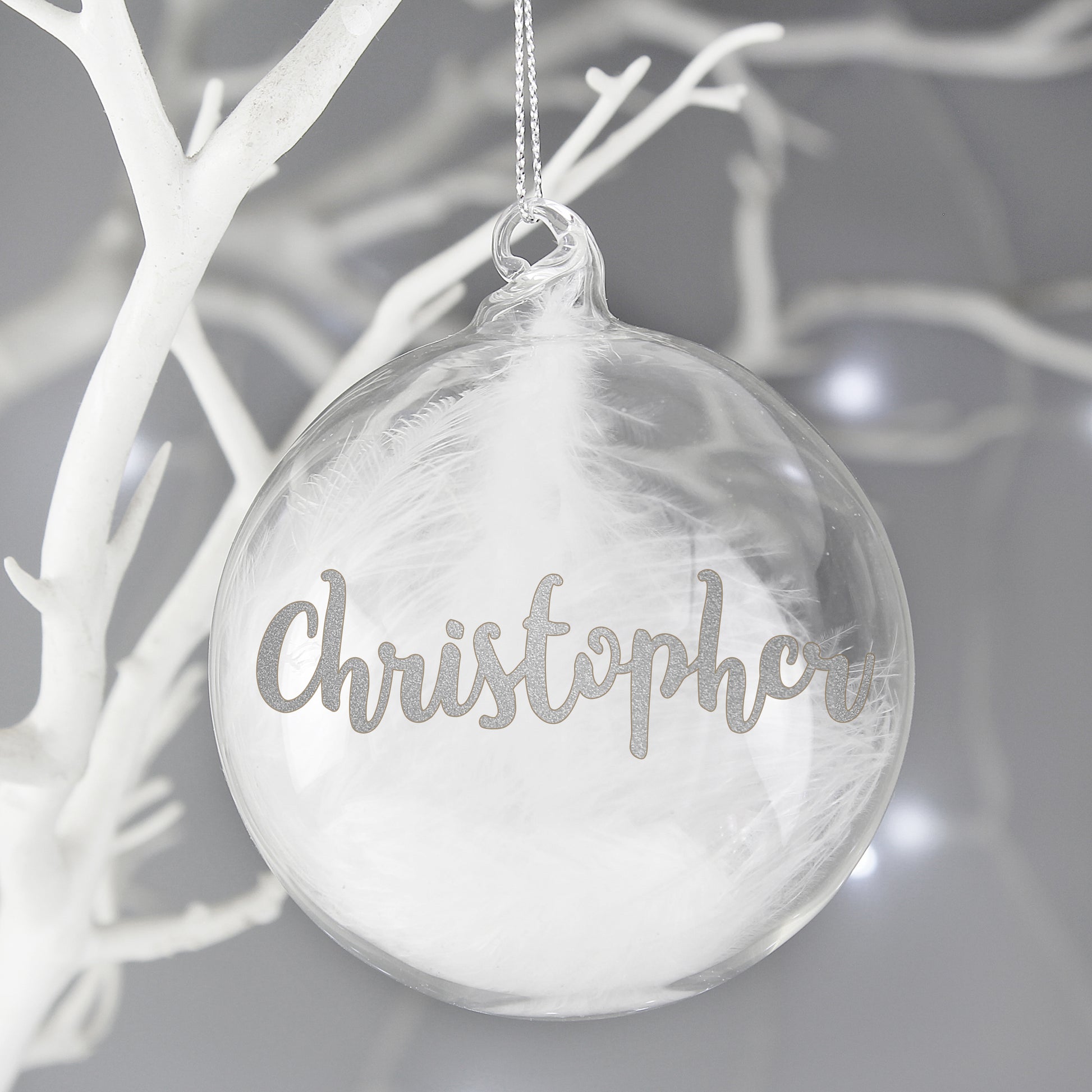 Personalised Silver Glitter Name Only Feather Glass Bauble - MK&JD Gifts