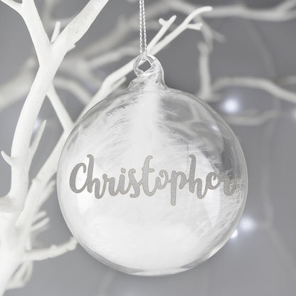 Personalised Silver Glitter Name Only Feather Glass Bauble - MK&JD Gifts