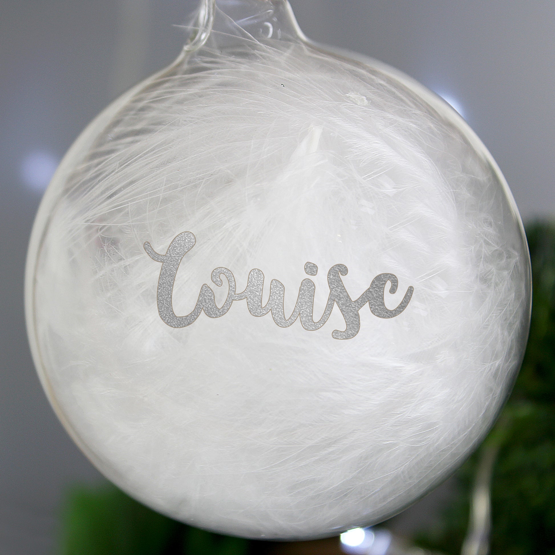 Personalised Silver Glitter Name Only Feather Glass Bauble - MK&JD Gifts