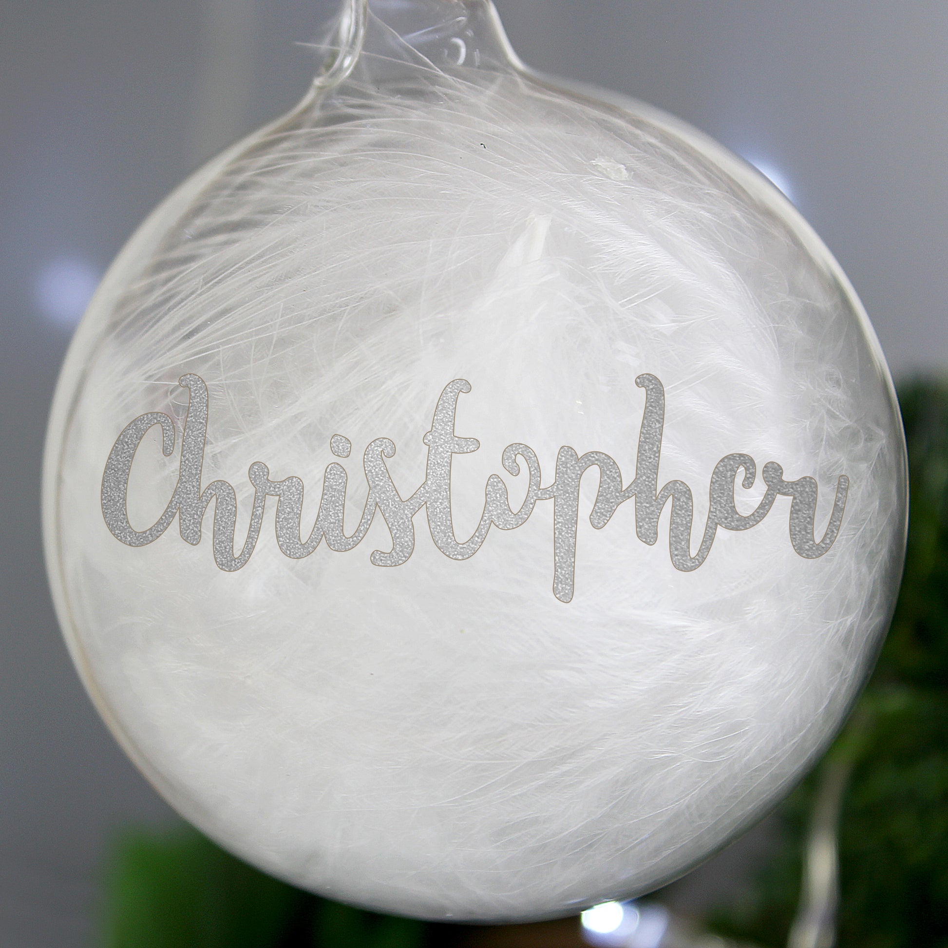 Personalised Silver Glitter Name Only Feather Glass Bauble - MK&JD Gifts