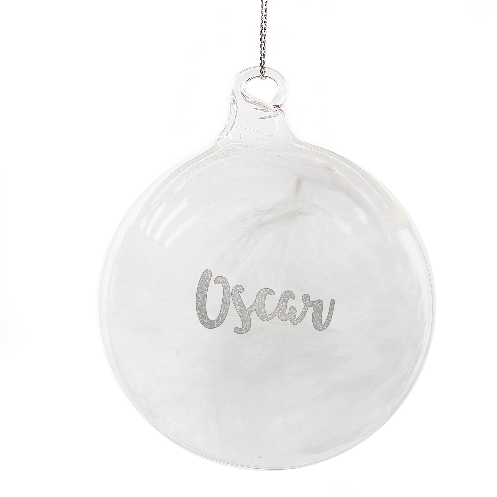 Personalised Silver Glitter Name Only Feather Glass Bauble - MK&JD Gifts
