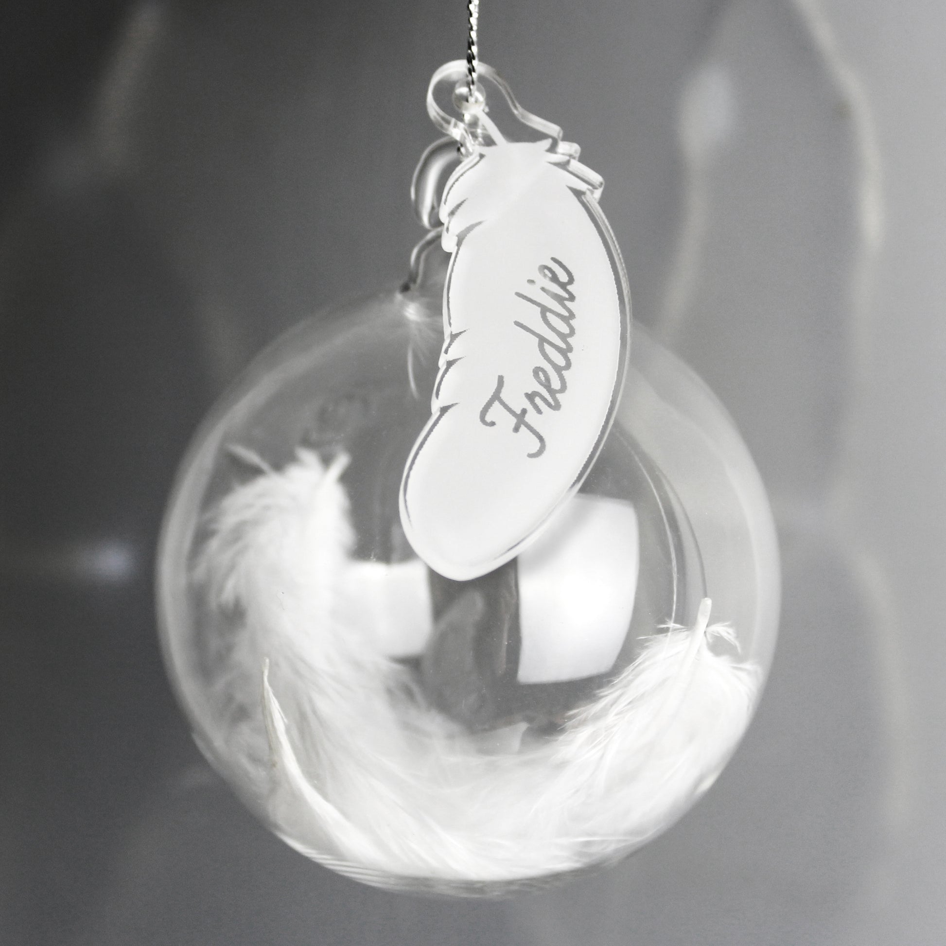 Personalised White Feather Glass Bauble - MK&JD Gifts