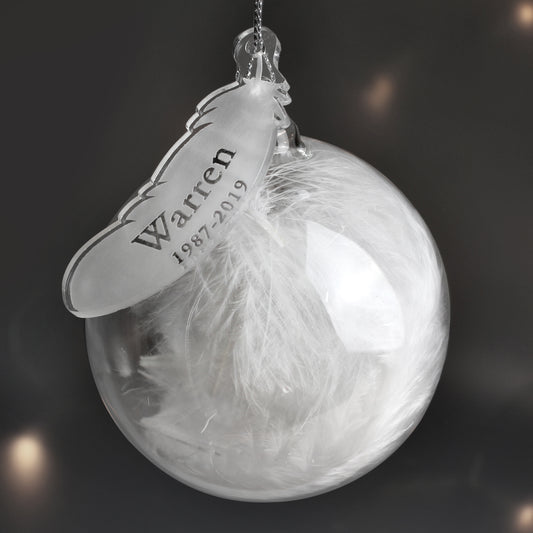 Personalised Name & Date Feather Glass Bauble - MK&JD Gifts