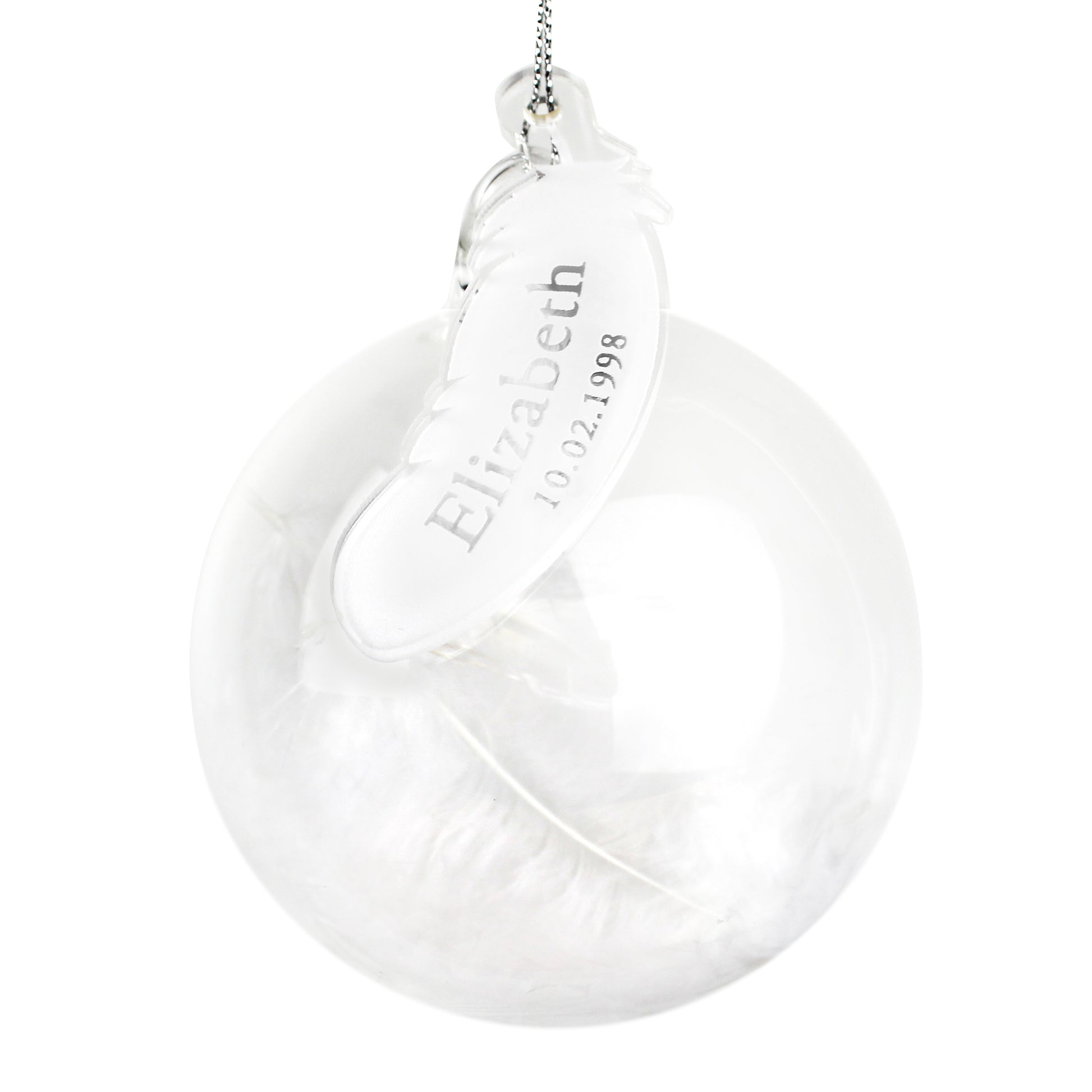Personalised Name & Date Feather Glass Bauble - MK&JD Gifts