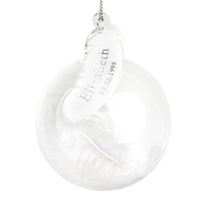 Personalised Name & Date Feather Glass Bauble - MK&JD Gifts
