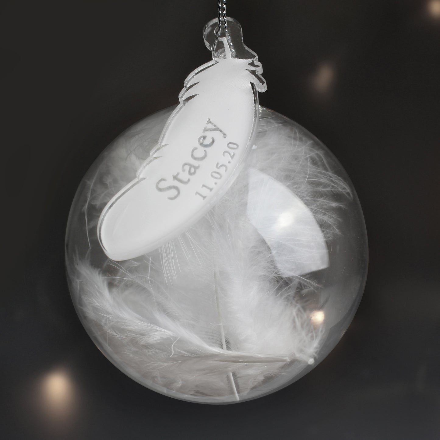 Personalised Name & Date Feather Glass Bauble - MK&JD Gifts