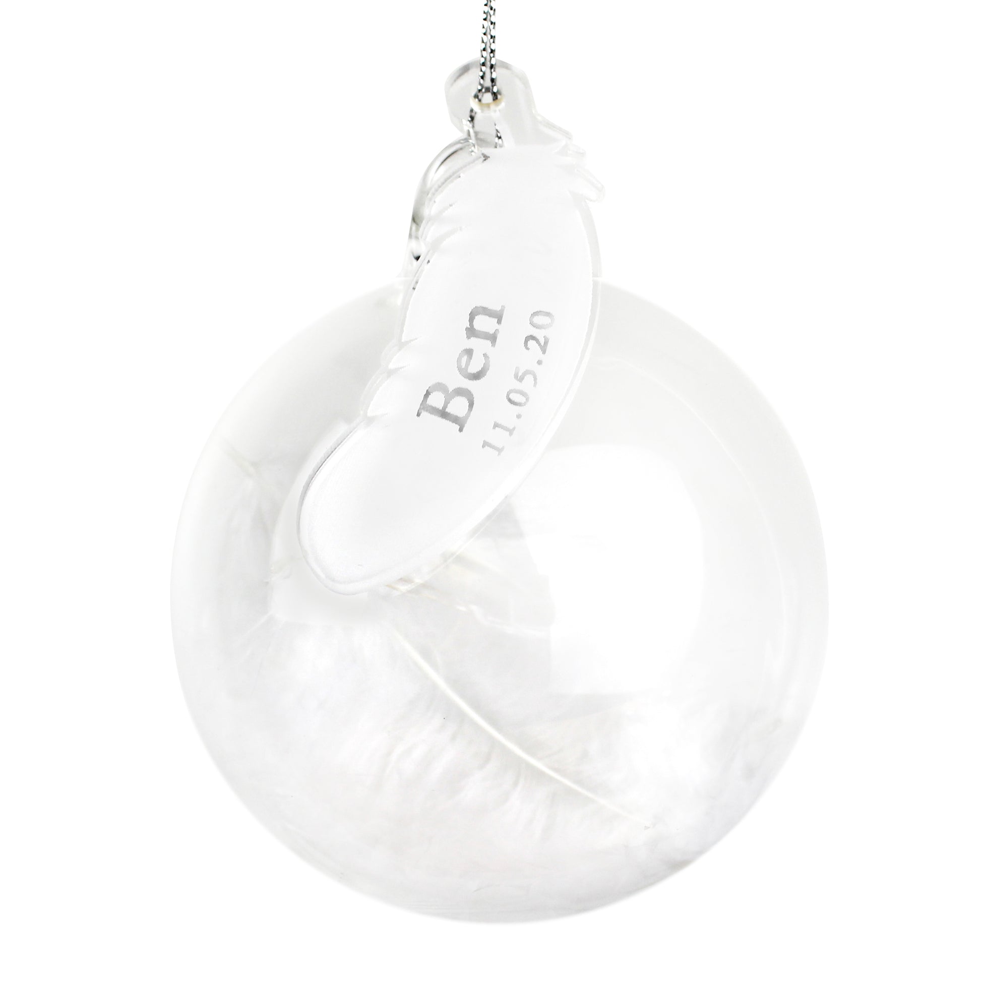 Personalised Name & Date Feather Glass Bauble - MK&JD Gifts