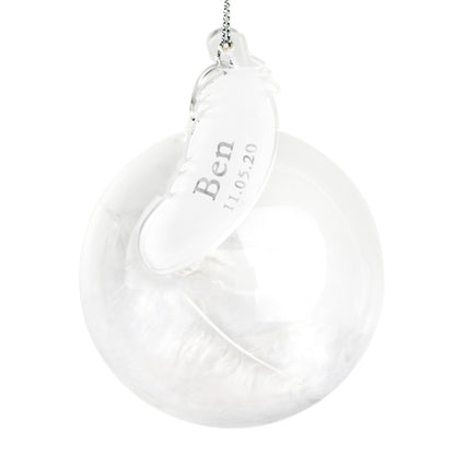 Personalised Name & Date Feather Glass Bauble - MK&JD Gifts