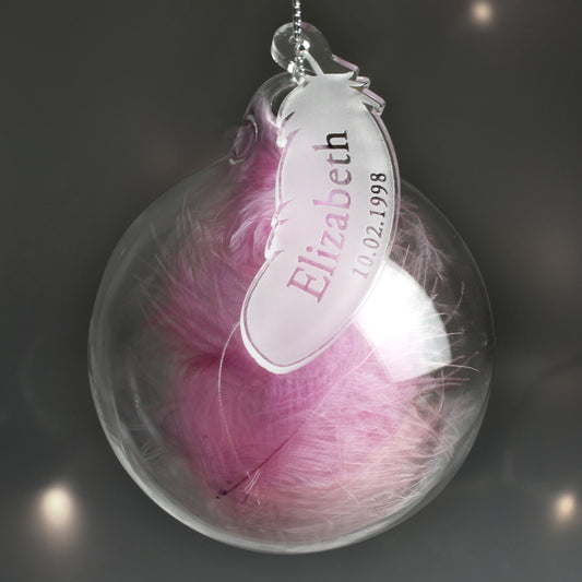 Personalised Name & Date Pink Feather Glass Bauble - MK&JD Gifts