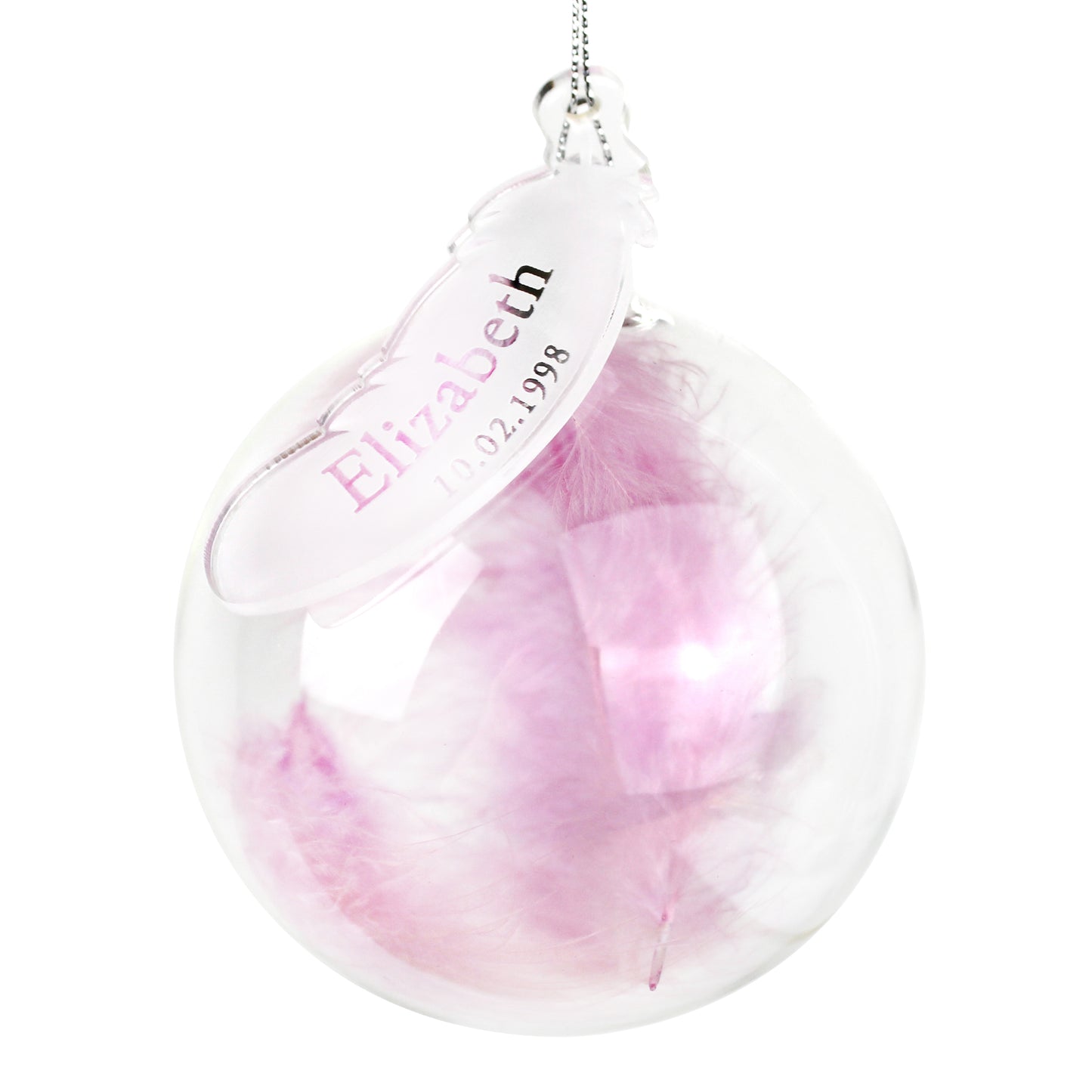 Personalised Name & Date Pink Feather Glass Bauble - MK&JD Gifts