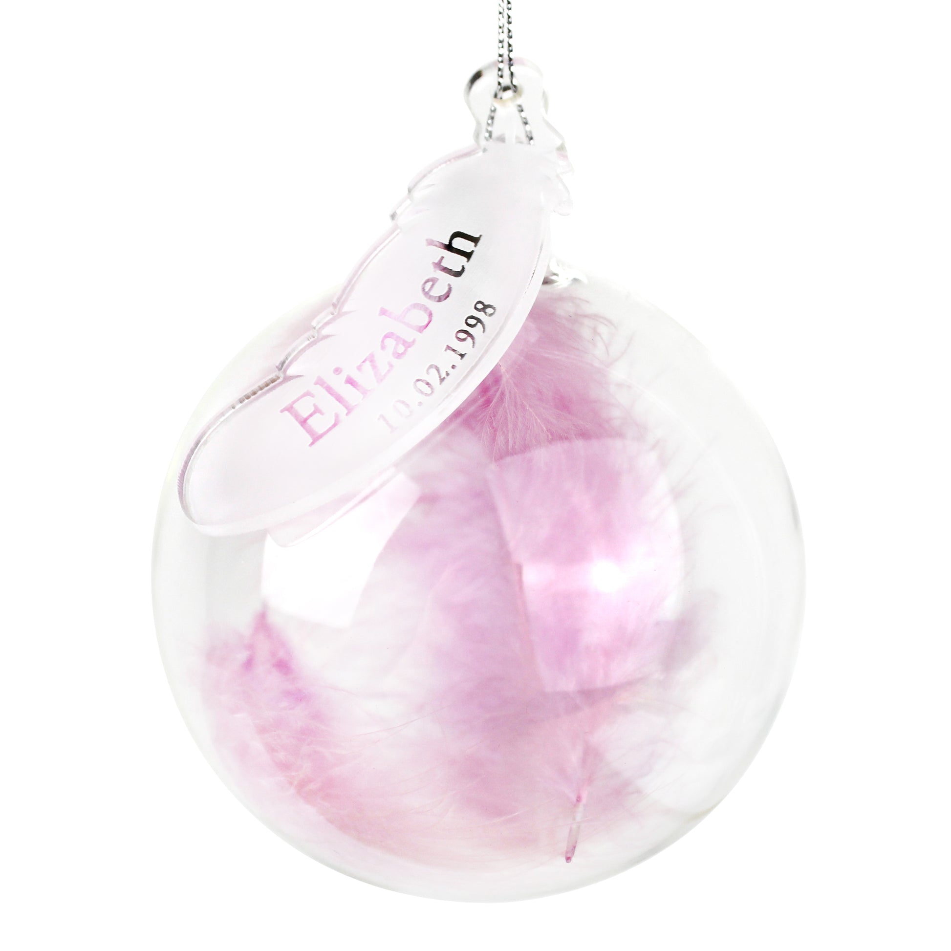 Personalised Name & Date Pink Feather Glass Bauble - MK&JD Gifts