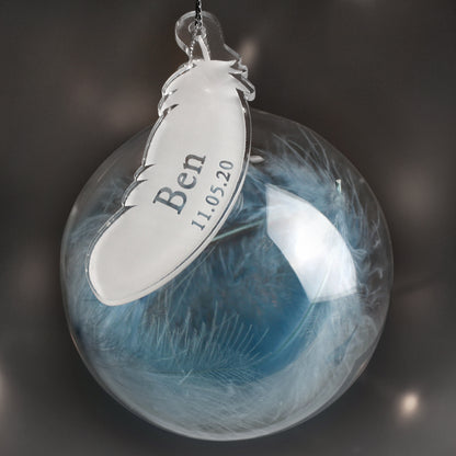 Personalised Name & Date Blue Feather Glass Bauble - MK&JD Gifts