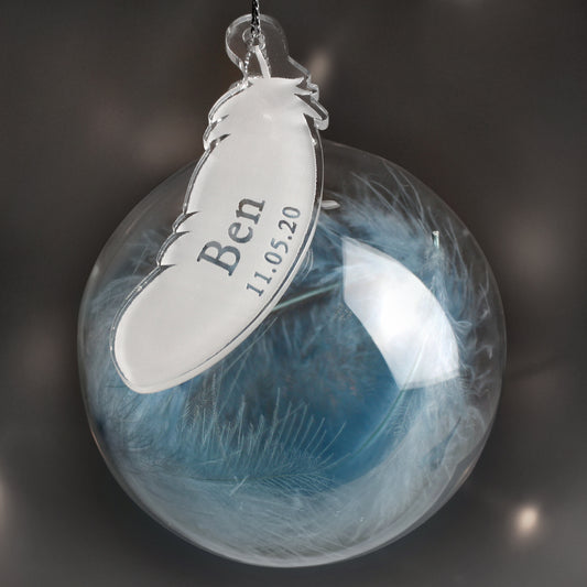 Personalised Name & Date Blue Feather Glass Bauble - MK&JD Gifts