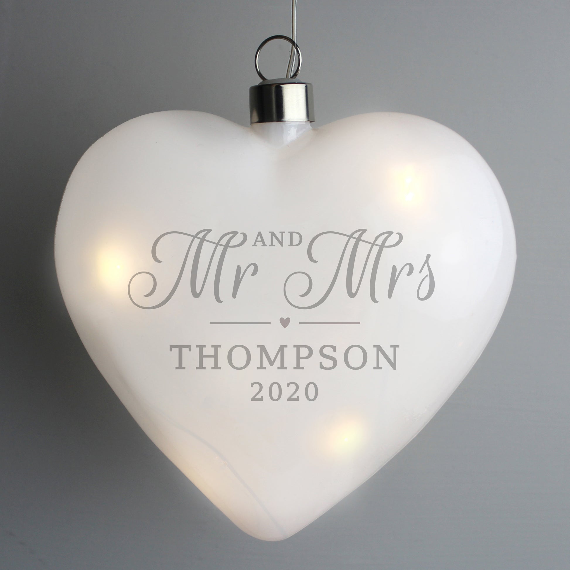 Personalised Mr & Mrs LED Hanging Glass Heart - MK&JD Gifts
