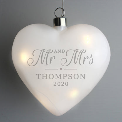 Personalised Mr & Mrs LED Hanging Glass Heart - MK&JD Gifts