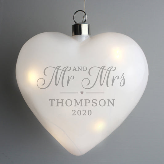 Personalised Mr & Mrs LED Hanging Glass Heart - MK&JD Gifts