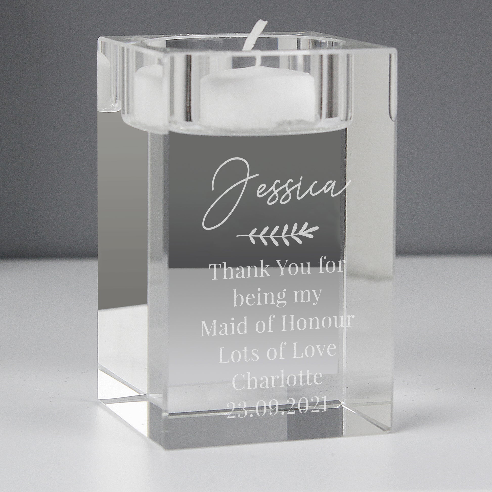 Personalised Leaf Free Text Glass Tea Light Holder - MK&JD Gifts
