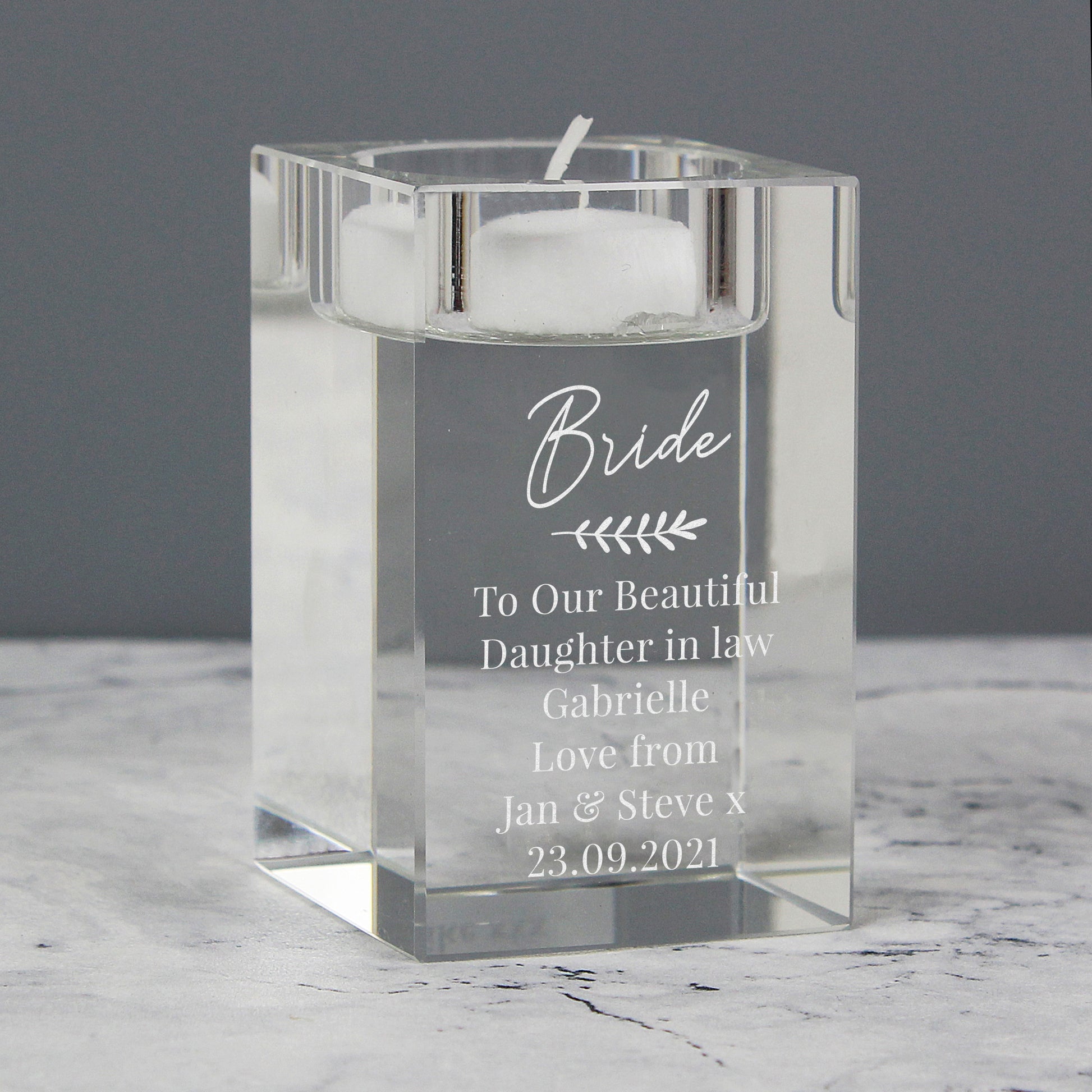 Personalised Leaf Free Text Glass Tea Light Holder - MK&JD Gifts