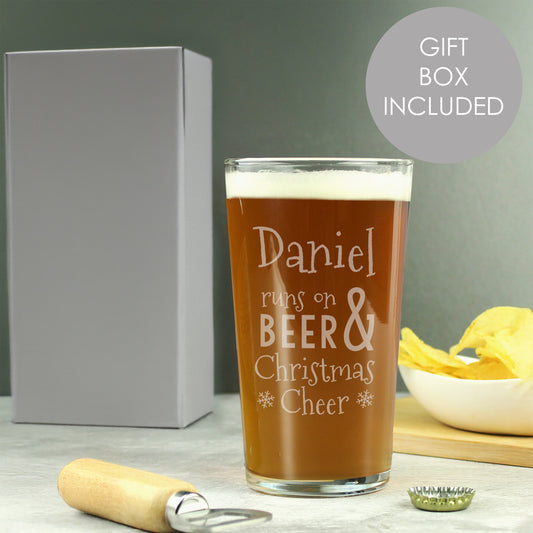 Personalised Runs On Beer & Christmas Cheer Pint Glass - MK&JD Gifts