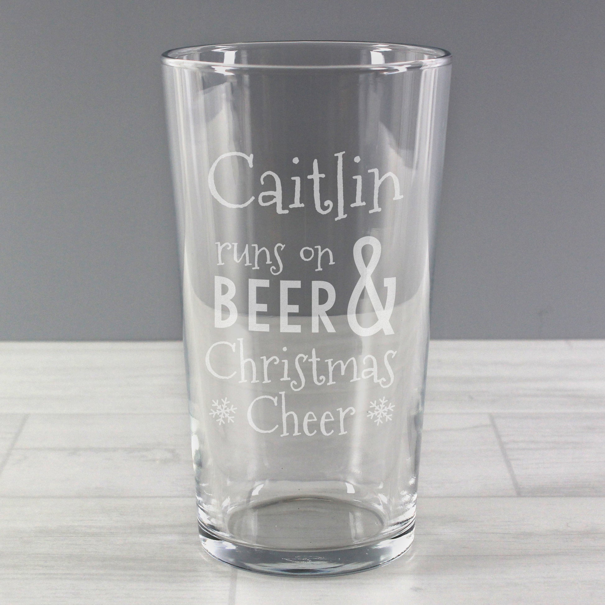 Personalised Runs On Beer & Christmas Cheer Pint Glass - MK&JD Gifts