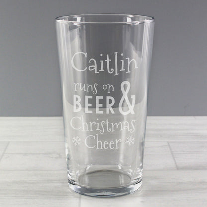 Personalised Runs On Beer & Christmas Cheer Pint Glass - MK&JD Gifts