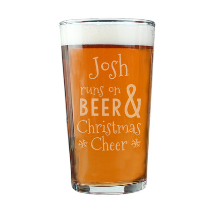 Personalised Runs On Beer & Christmas Cheer Pint Glass - MK&JD Gifts