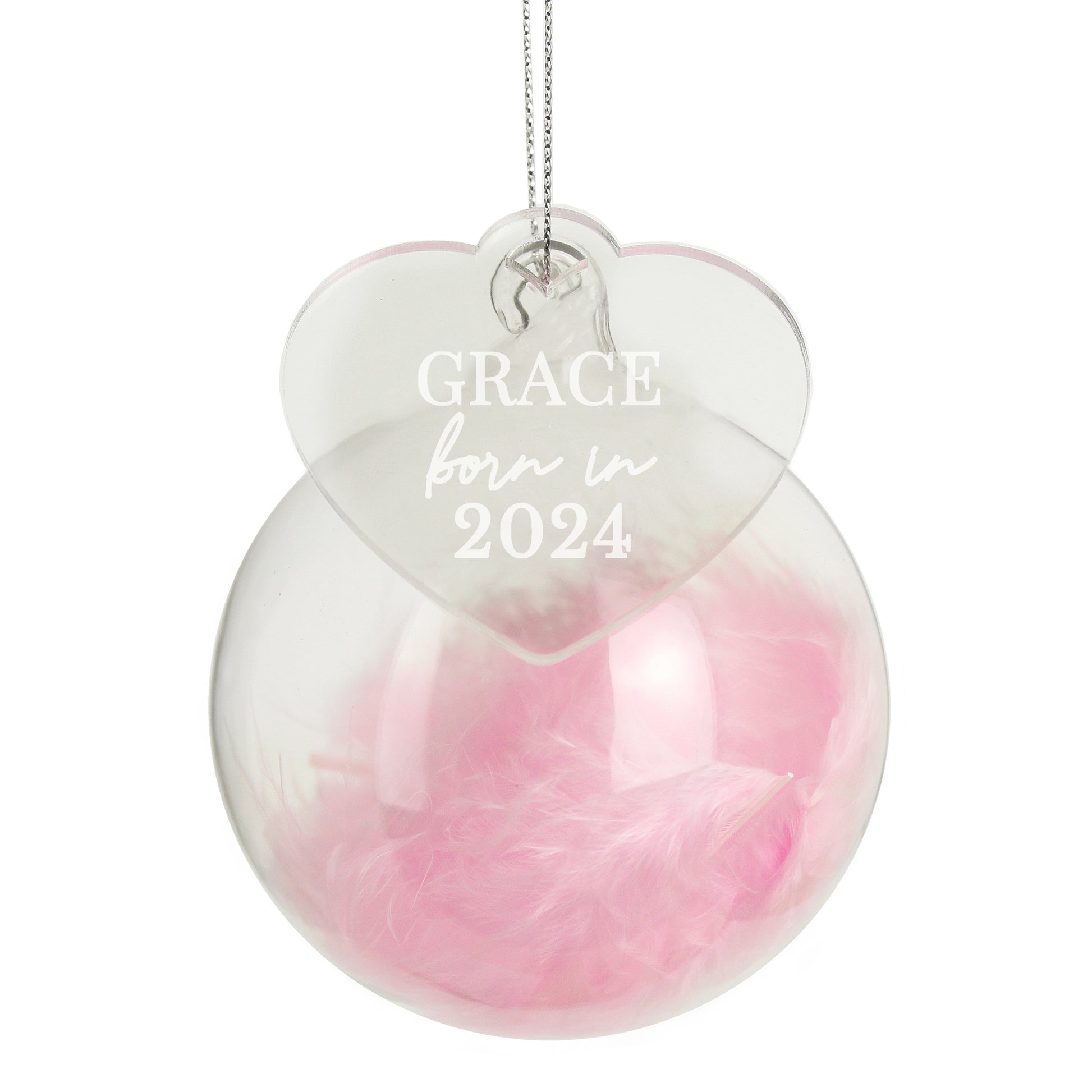 Personalised Born In Pink Feather Glass Bauble With Heart Tag - MK&JD Gifts