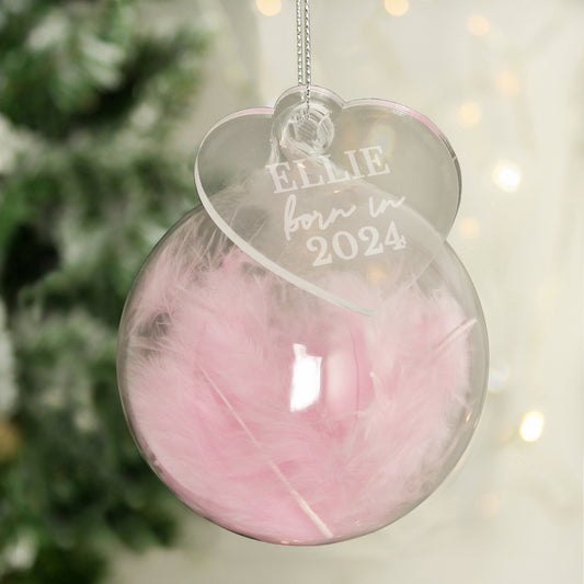 Personalised Born In Pink Feather Glass Bauble With Heart Tag - MK&JD Gifts