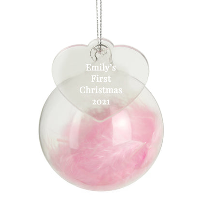 Personalised Free Text Pink Feather Glass Bauble With Heart Tag - MK&JD Gifts