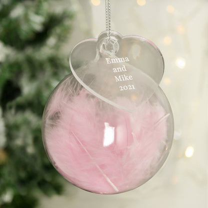 Personalised Free Text Pink Feather Glass Bauble With Heart Tag - MK&JD Gifts