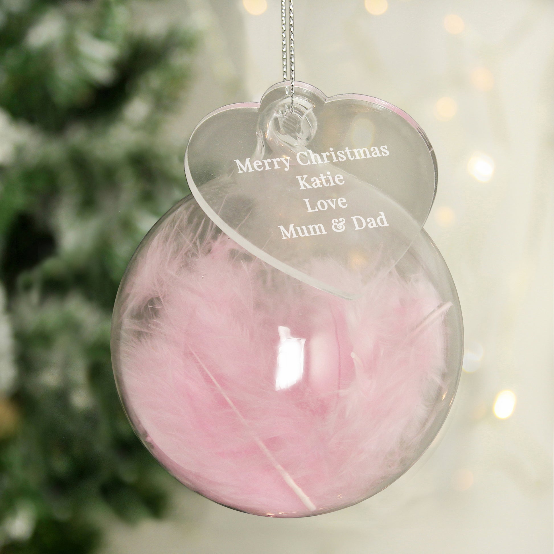 Personalised Free Text Pink Feather Glass Bauble With Heart Tag - MK&JD Gifts