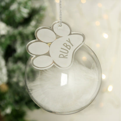 Personalised Pets White Feather Glass Bauble With Paw Print Tag - MK&JD Gifts