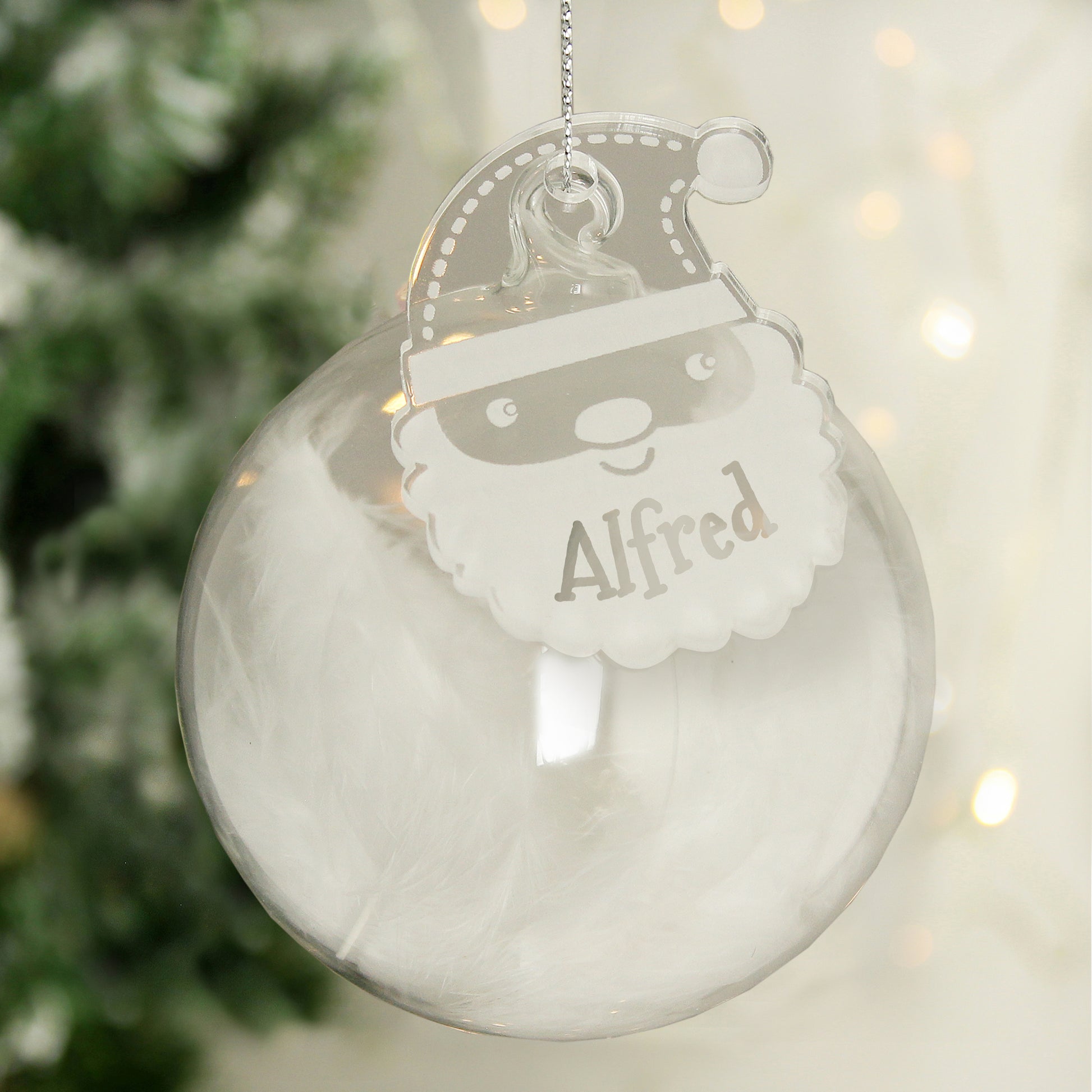 Personalised White Santa Feather Glass Bauble - MK&JD Gifts