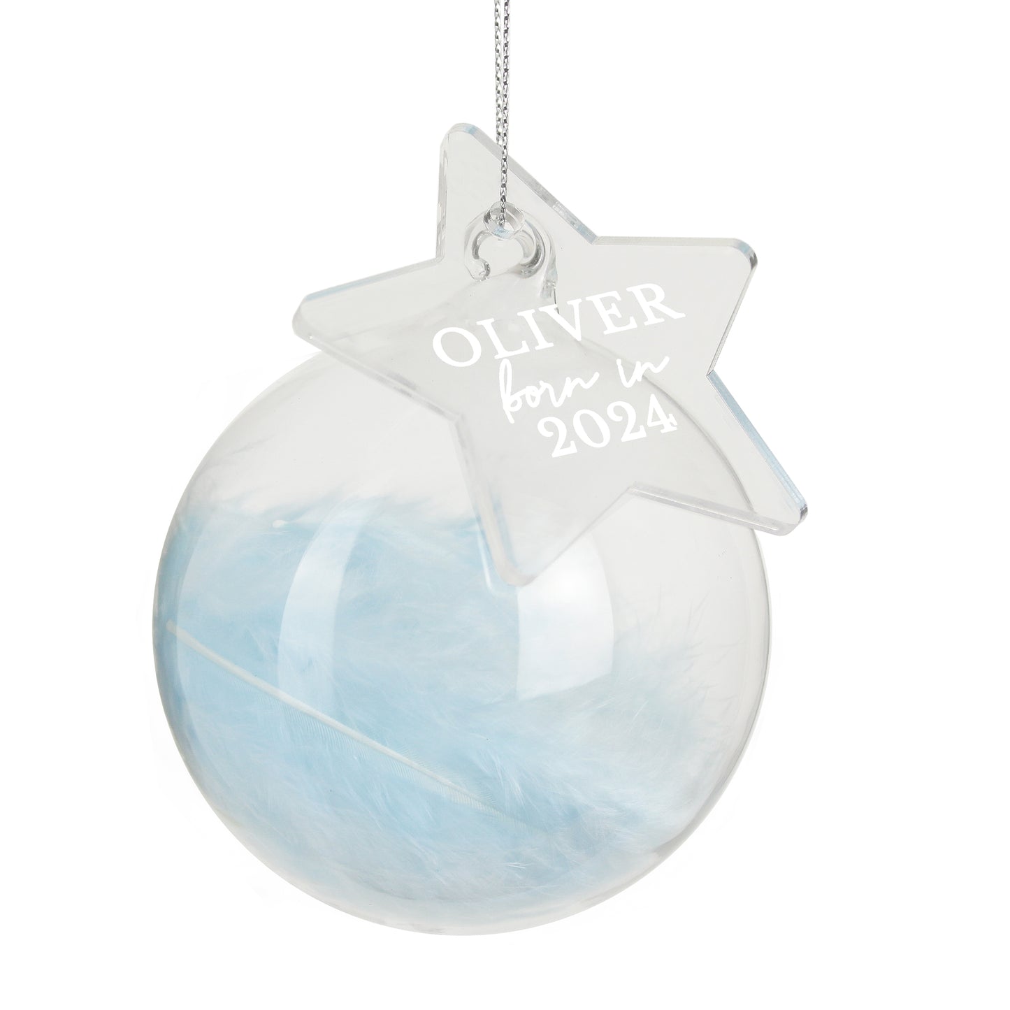 Personalised Born In Blue Feather Glass Bauble With Star Tag - MK&JD Gifts